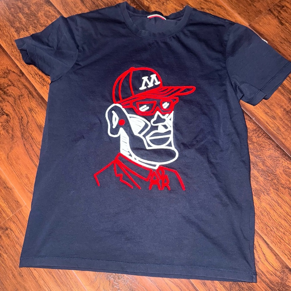 Moncler Blue and Red Short Sleeve Tee with Bold Graphic